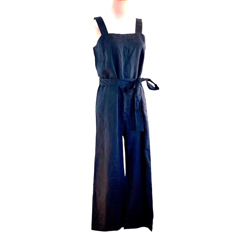 NWT QUINCE Jumpsuit Romper Sleeveless Adj. Straps Pockets Self-Tie Belt Blue S